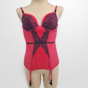 Adore Me Hot Pink & Purple Lace Padded Bustier Bra Garter Lingerie Sz. M NWT